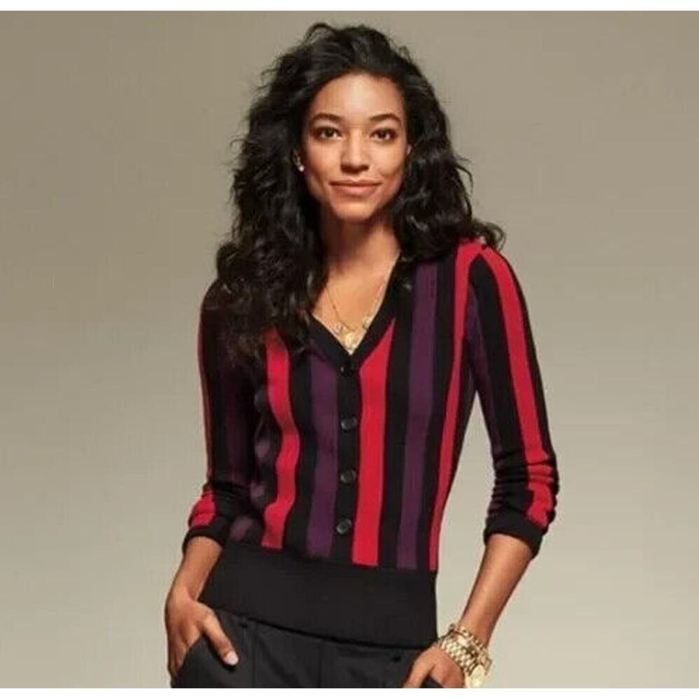 Striped V-Neck Button Cardigan Sweater - Red & Purple